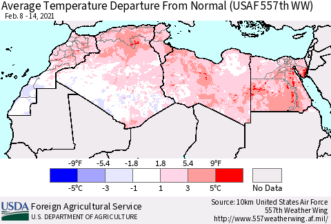 North Africa Average Temperature Departure from Normal (USAF 557th WW) Thematic Map For 2/8/2021 - 2/14/2021