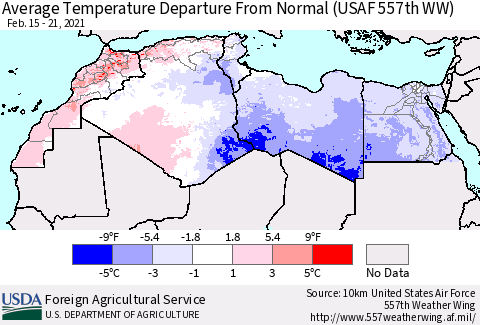 North Africa Average Temperature Departure from Normal (USAF 557th WW) Thematic Map For 2/15/2021 - 2/21/2021