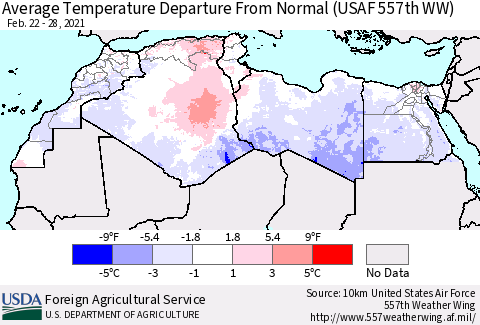 North Africa Average Temperature Departure from Normal (USAF 557th WW) Thematic Map For 2/22/2021 - 2/28/2021