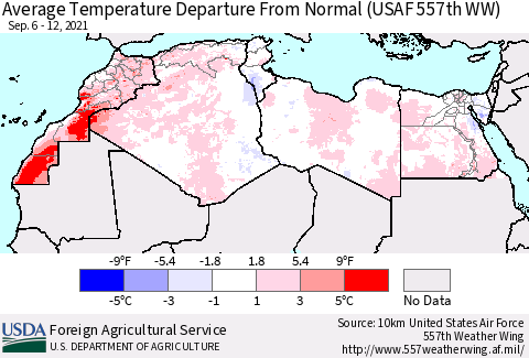 North Africa Average Temperature Departure from Normal (USAF 557th WW) Thematic Map For 9/6/2021 - 9/12/2021