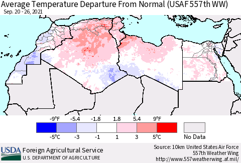 North Africa Average Temperature Departure from Normal (USAF 557th WW) Thematic Map For 9/20/2021 - 9/26/2021