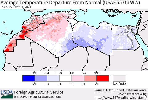 North Africa Average Temperature Departure from Normal (USAF 557th WW) Thematic Map For 9/27/2021 - 10/3/2021