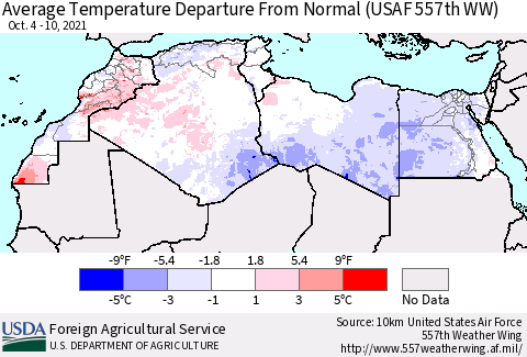 North Africa Average Temperature Departure from Normal (USAF 557th WW) Thematic Map For 10/4/2021 - 10/10/2021