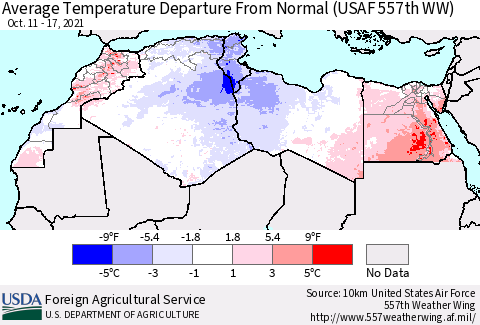North Africa Average Temperature Departure from Normal (USAF 557th WW) Thematic Map For 10/11/2021 - 10/17/2021