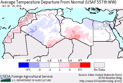 North Africa Average Temperature Departure from Normal (USAF 557th WW) Thematic Map For 10/18/2021 - 10/24/2021
