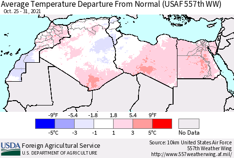 North Africa Average Temperature Departure from Normal (USAF 557th WW) Thematic Map For 10/25/2021 - 10/31/2021