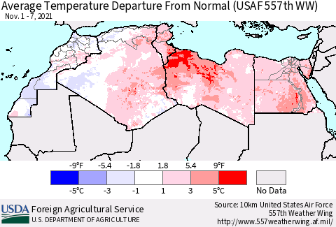 North Africa Average Temperature Departure from Normal (USAF 557th WW) Thematic Map For 11/1/2021 - 11/7/2021