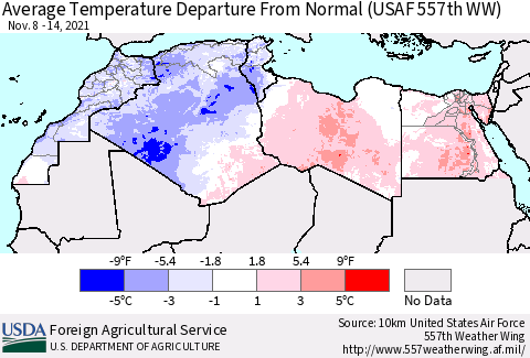 North Africa Average Temperature Departure from Normal (USAF 557th WW) Thematic Map For 11/8/2021 - 11/14/2021