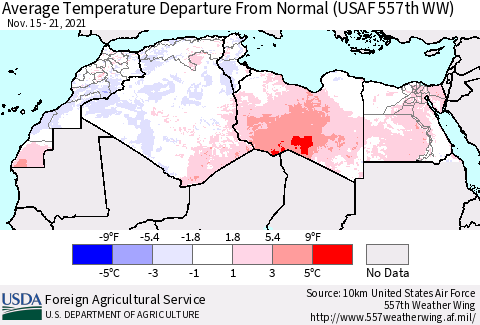 North Africa Average Temperature Departure from Normal (USAF 557th WW) Thematic Map For 11/15/2021 - 11/21/2021