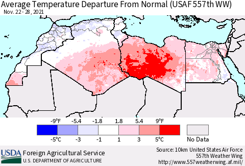 North Africa Average Temperature Departure from Normal (USAF 557th WW) Thematic Map For 11/22/2021 - 11/28/2021