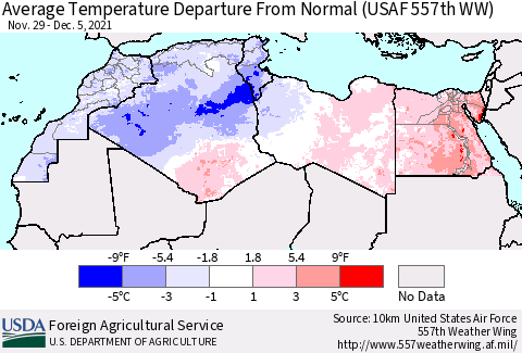North Africa Average Temperature Departure from Normal (USAF 557th WW) Thematic Map For 11/29/2021 - 12/5/2021