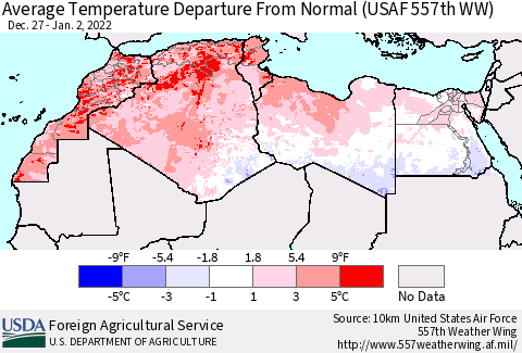 North Africa Average Temperature Departure from Normal (USAF 557th WW) Thematic Map For 12/27/2021 - 1/2/2022