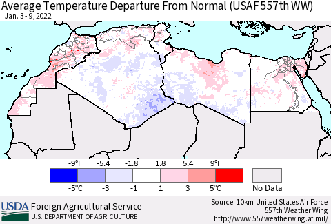 North Africa Average Temperature Departure from Normal (USAF 557th WW) Thematic Map For 1/3/2022 - 1/9/2022