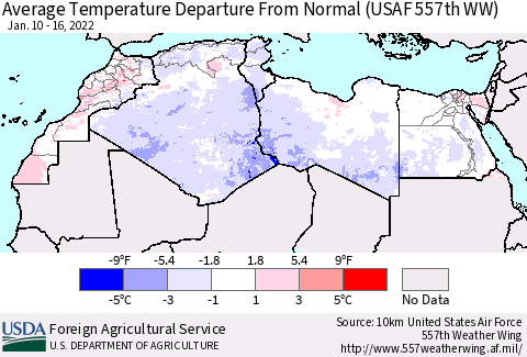 North Africa Average Temperature Departure from Normal (USAF 557th WW) Thematic Map For 1/10/2022 - 1/16/2022