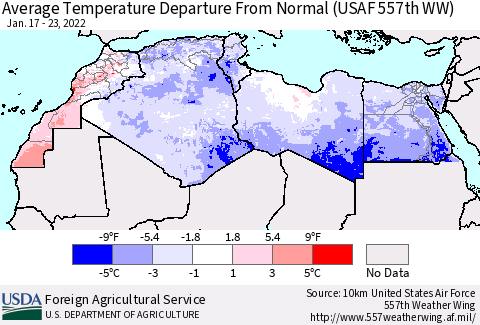 North Africa Average Temperature Departure from Normal (USAF 557th WW) Thematic Map For 1/17/2022 - 1/23/2022