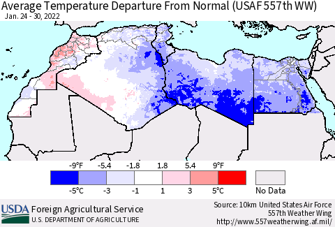 North Africa Average Temperature Departure from Normal (USAF 557th WW) Thematic Map For 1/24/2022 - 1/30/2022