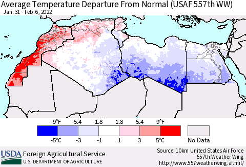 North Africa Average Temperature Departure from Normal (USAF 557th WW) Thematic Map For 1/31/2022 - 2/6/2022