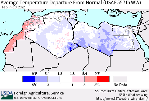North Africa Average Temperature Departure from Normal (USAF 557th WW) Thematic Map For 2/7/2022 - 2/13/2022
