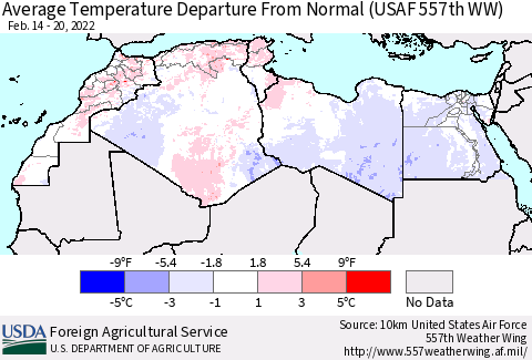 North Africa Average Temperature Departure from Normal (USAF 557th WW) Thematic Map For 2/14/2022 - 2/20/2022