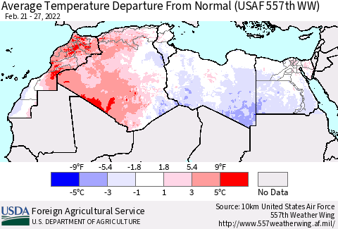 North Africa Average Temperature Departure from Normal (USAF 557th WW) Thematic Map For 2/21/2022 - 2/27/2022