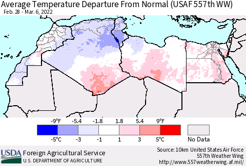 North Africa Average Temperature Departure from Normal (USAF 557th WW) Thematic Map For 2/28/2022 - 3/6/2022