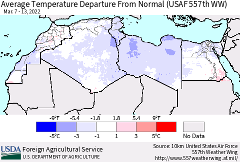 North Africa Average Temperature Departure from Normal (USAF 557th WW) Thematic Map For 3/7/2022 - 3/13/2022