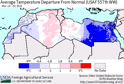 North Africa Average Temperature Departure from Normal (USAF 557th WW) Thematic Map For 3/14/2022 - 3/20/2022