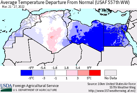 North Africa Average Temperature Departure from Normal (USAF 557th WW) Thematic Map For 3/21/2022 - 3/27/2022