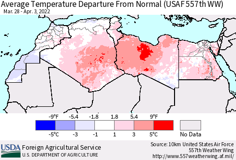 North Africa Average Temperature Departure from Normal (USAF 557th WW) Thematic Map For 3/28/2022 - 4/3/2022