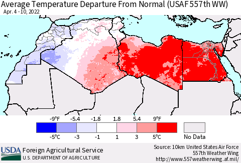 North Africa Average Temperature Departure from Normal (USAF 557th WW) Thematic Map For 4/4/2022 - 4/10/2022