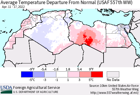 North Africa Average Temperature Departure from Normal (USAF 557th WW) Thematic Map For 4/11/2022 - 4/17/2022