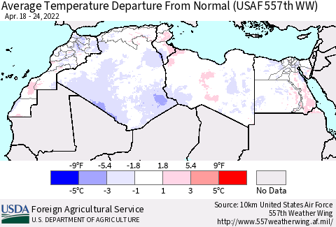 North Africa Average Temperature Departure from Normal (USAF 557th WW) Thematic Map For 4/18/2022 - 4/24/2022