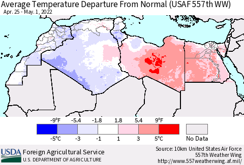 North Africa Average Temperature Departure from Normal (USAF 557th WW) Thematic Map For 4/25/2022 - 5/1/2022