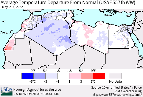 North Africa Average Temperature Departure from Normal (USAF 557th WW) Thematic Map For 5/2/2022 - 5/8/2022