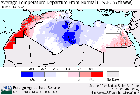 North Africa Average Temperature Departure from Normal (USAF 557th WW) Thematic Map For 5/9/2022 - 5/15/2022