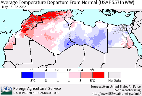 North Africa Average Temperature Departure from Normal (USAF 557th WW) Thematic Map For 5/16/2022 - 5/22/2022
