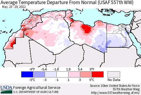 North Africa Average Temperature Departure from Normal (USAF 557th WW) Thematic Map For 5/23/2022 - 5/29/2022