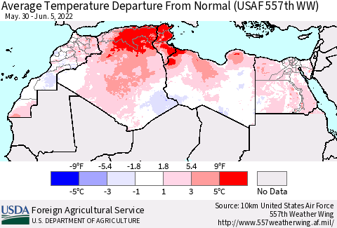 North Africa Average Temperature Departure from Normal (USAF 557th WW) Thematic Map For 5/30/2022 - 6/5/2022