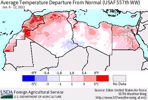 North Africa Average Temperature Departure from Normal (USAF 557th WW) Thematic Map For 6/6/2022 - 6/12/2022
