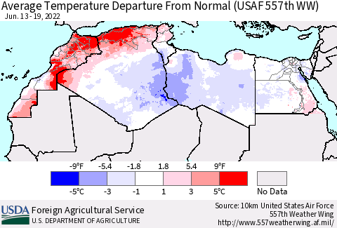 North Africa Average Temperature Departure from Normal (USAF 557th WW) Thematic Map For 6/13/2022 - 6/19/2022