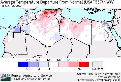 North Africa Average Temperature Departure from Normal (USAF 557th WW) Thematic Map For 6/20/2022 - 6/26/2022