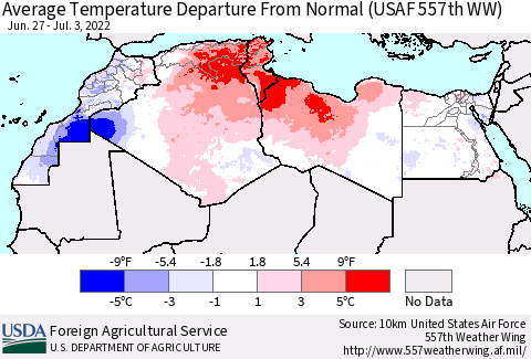 North Africa Average Temperature Departure from Normal (USAF 557th WW) Thematic Map For 6/27/2022 - 7/3/2022