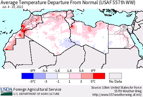 North Africa Average Temperature Departure from Normal (USAF 557th WW) Thematic Map For 7/4/2022 - 7/10/2022