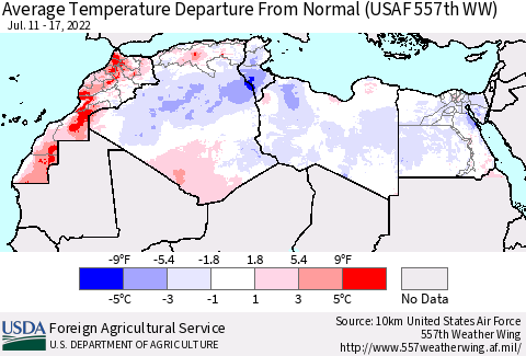 North Africa Average Temperature Departure from Normal (USAF 557th WW) Thematic Map For 7/11/2022 - 7/17/2022