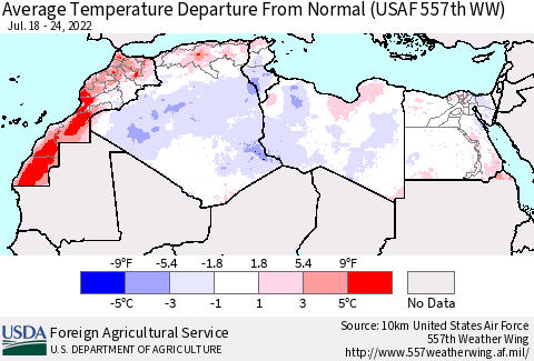 North Africa Average Temperature Departure from Normal (USAF 557th WW) Thematic Map For 7/18/2022 - 7/24/2022
