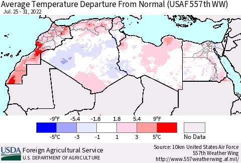 North Africa Average Temperature Departure from Normal (USAF 557th WW) Thematic Map For 7/25/2022 - 7/31/2022