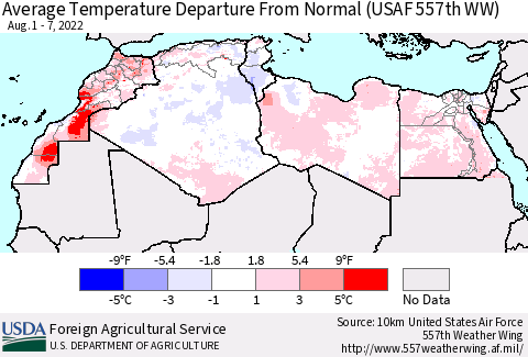 North Africa Average Temperature Departure from Normal (USAF 557th WW) Thematic Map For 8/1/2022 - 8/7/2022