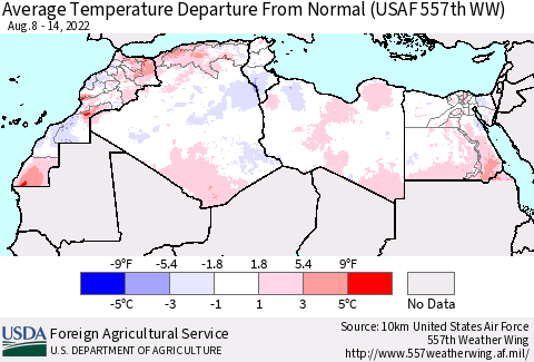 North Africa Average Temperature Departure from Normal (USAF 557th WW) Thematic Map For 8/8/2022 - 8/14/2022