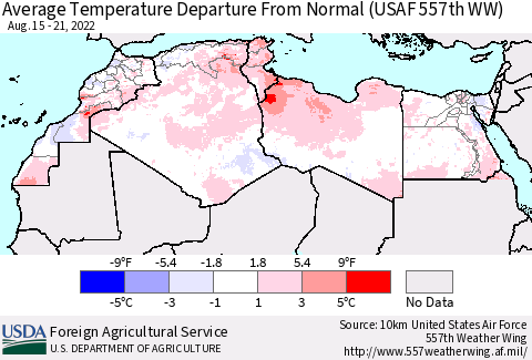 North Africa Average Temperature Departure from Normal (USAF 557th WW) Thematic Map For 8/15/2022 - 8/21/2022