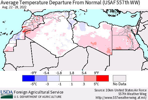 North Africa Average Temperature Departure from Normal (USAF 557th WW) Thematic Map For 8/22/2022 - 8/28/2022